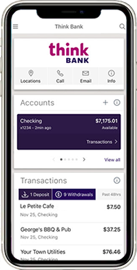 Home screen of the Think Bank mobile app showing the accounts card and transactions.