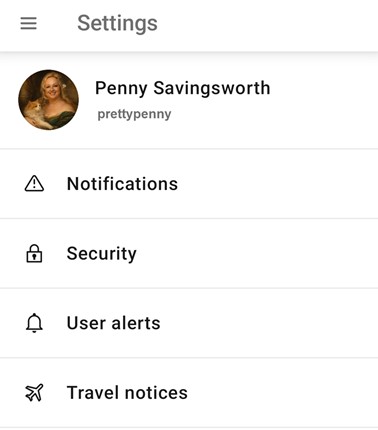 Think Bank app profile settings screen with options to update notifications, security, user alerts, and travel notices