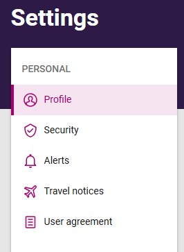 Think Bank desktop personal settings screen showing profile, security, alerts, travel notices, and user agreement