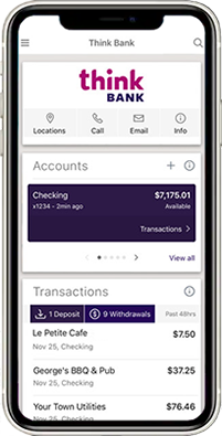 Home screen of the Think Bank mobile app showing the accounts card and transactions. 