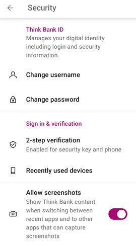 Think Bank app security screen showing options to change username, change password, and edit 2-step verification